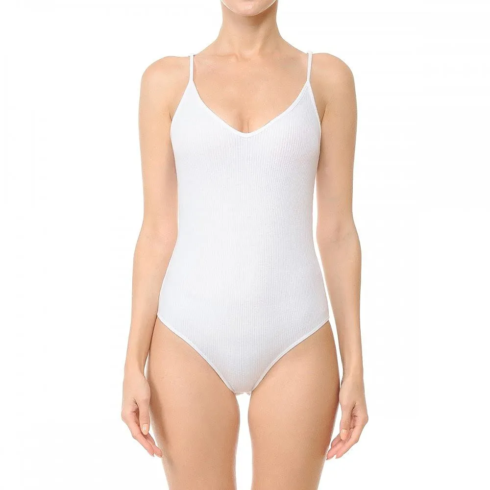 Womens-V Neck Ribbed Cami Spaghetti Strap Body Suit