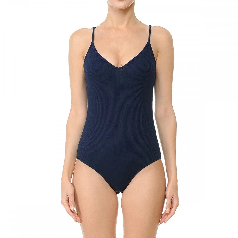 Womens-V Neck Ribbed Cami Spaghetti Strap Body Suit