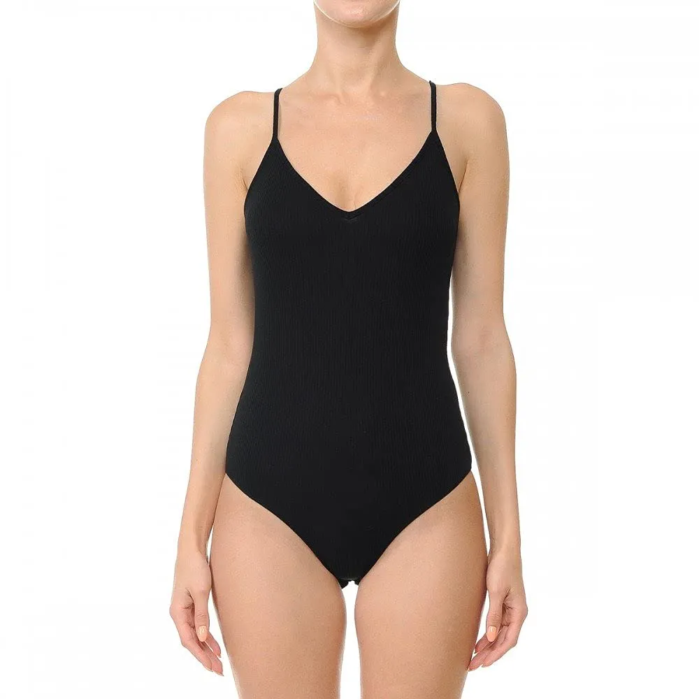 Womens-V Neck Ribbed Cami Spaghetti Strap Body Suit