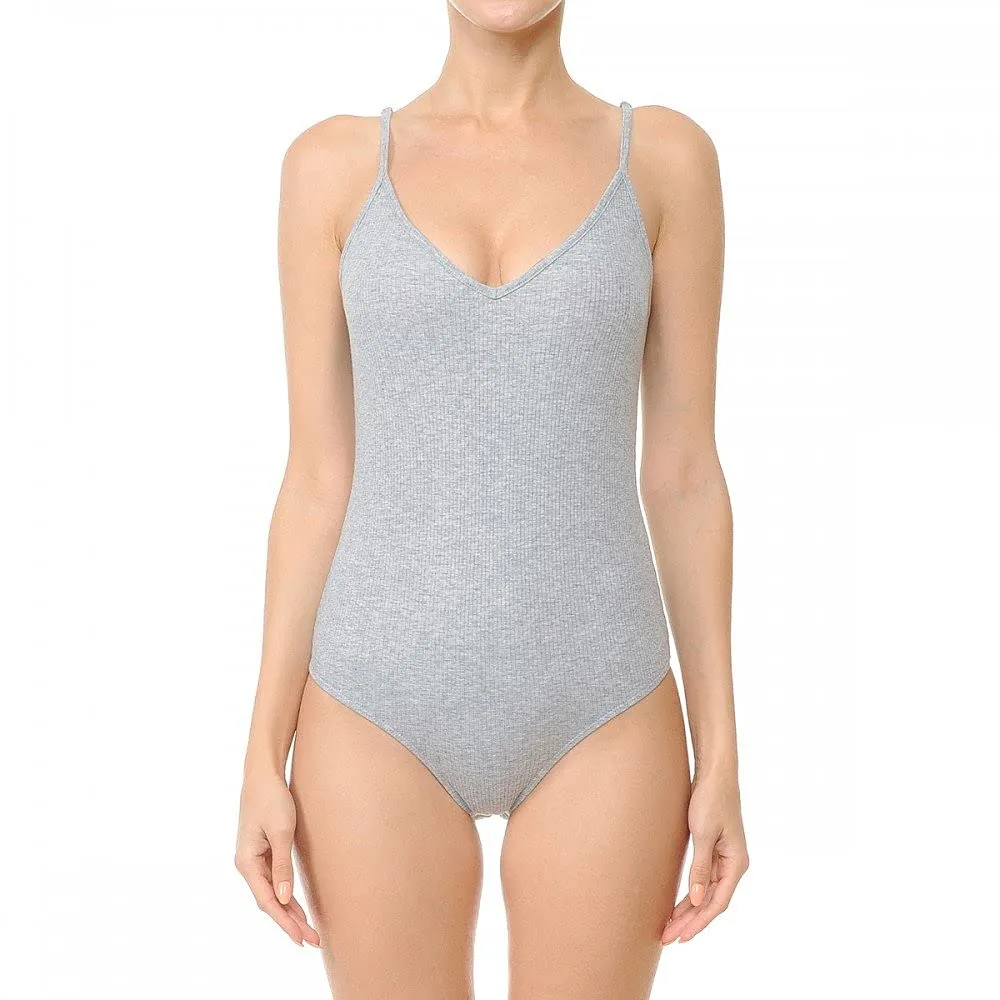 Womens-V Neck Ribbed Cami Spaghetti Strap Body Suit