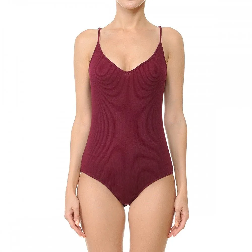 Womens-V Neck Ribbed Cami Spaghetti Strap Body Suit