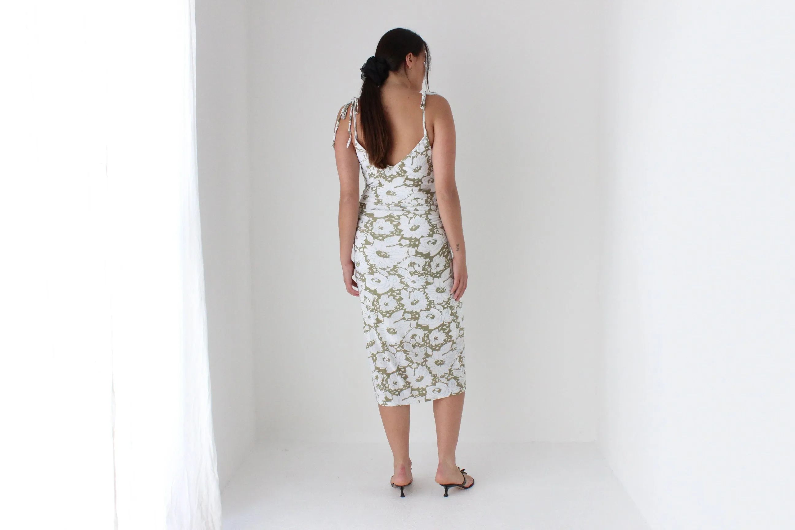 Y2K Slinky Pastel Floral Tie Strap Plunge Neck Dress