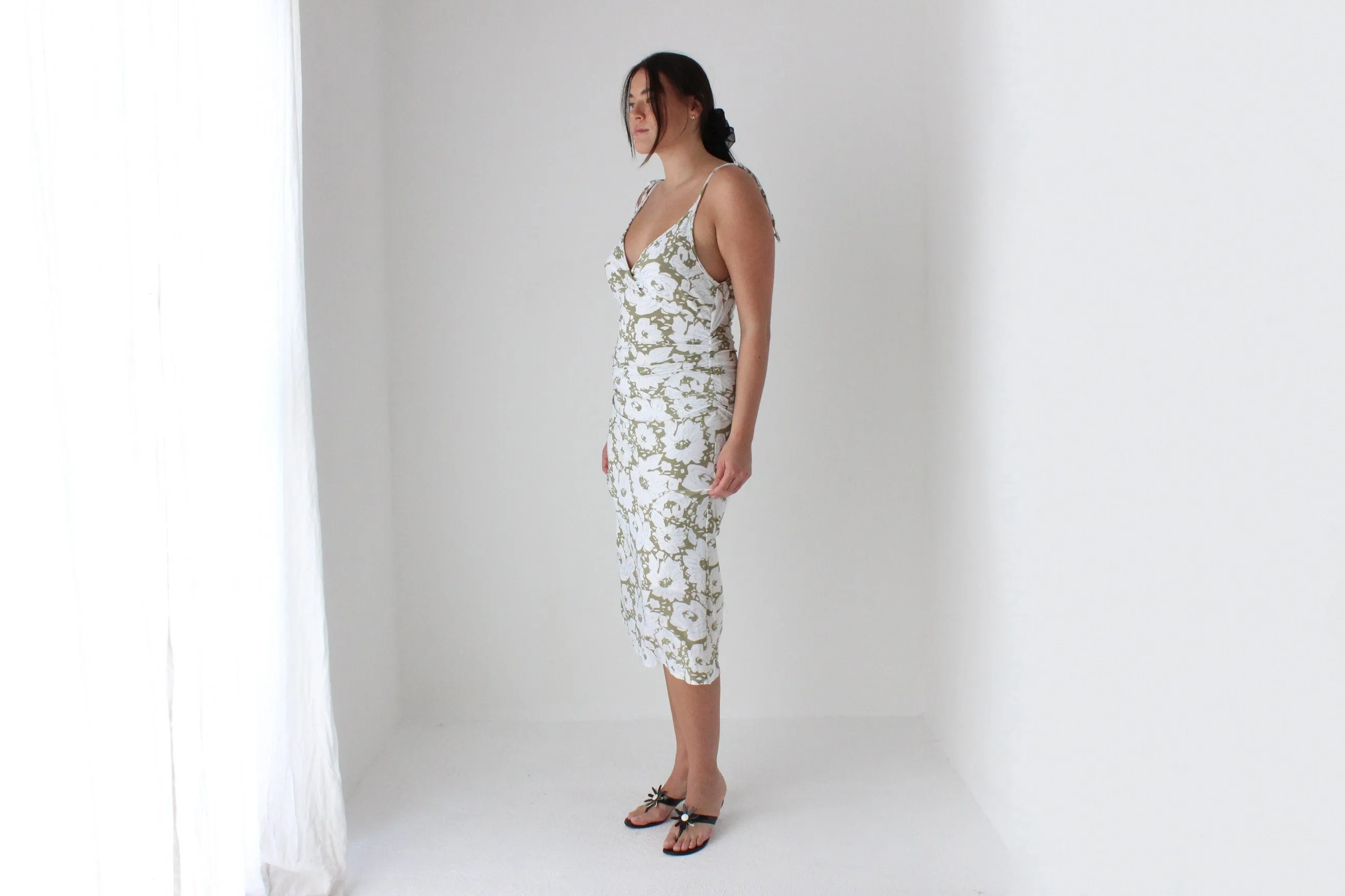 Y2K Slinky Pastel Floral Tie Strap Plunge Neck Dress