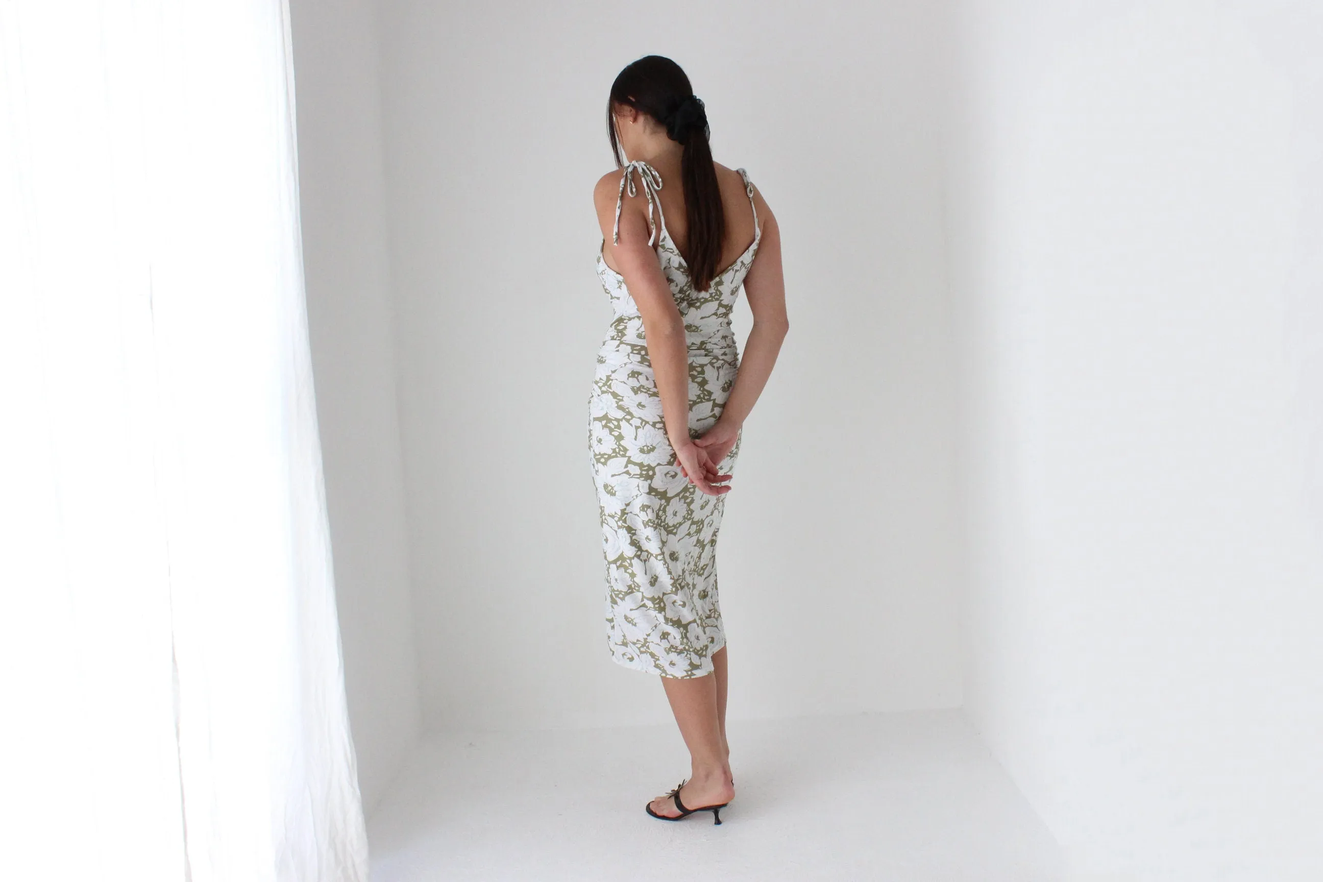 Y2K Slinky Pastel Floral Tie Strap Plunge Neck Dress