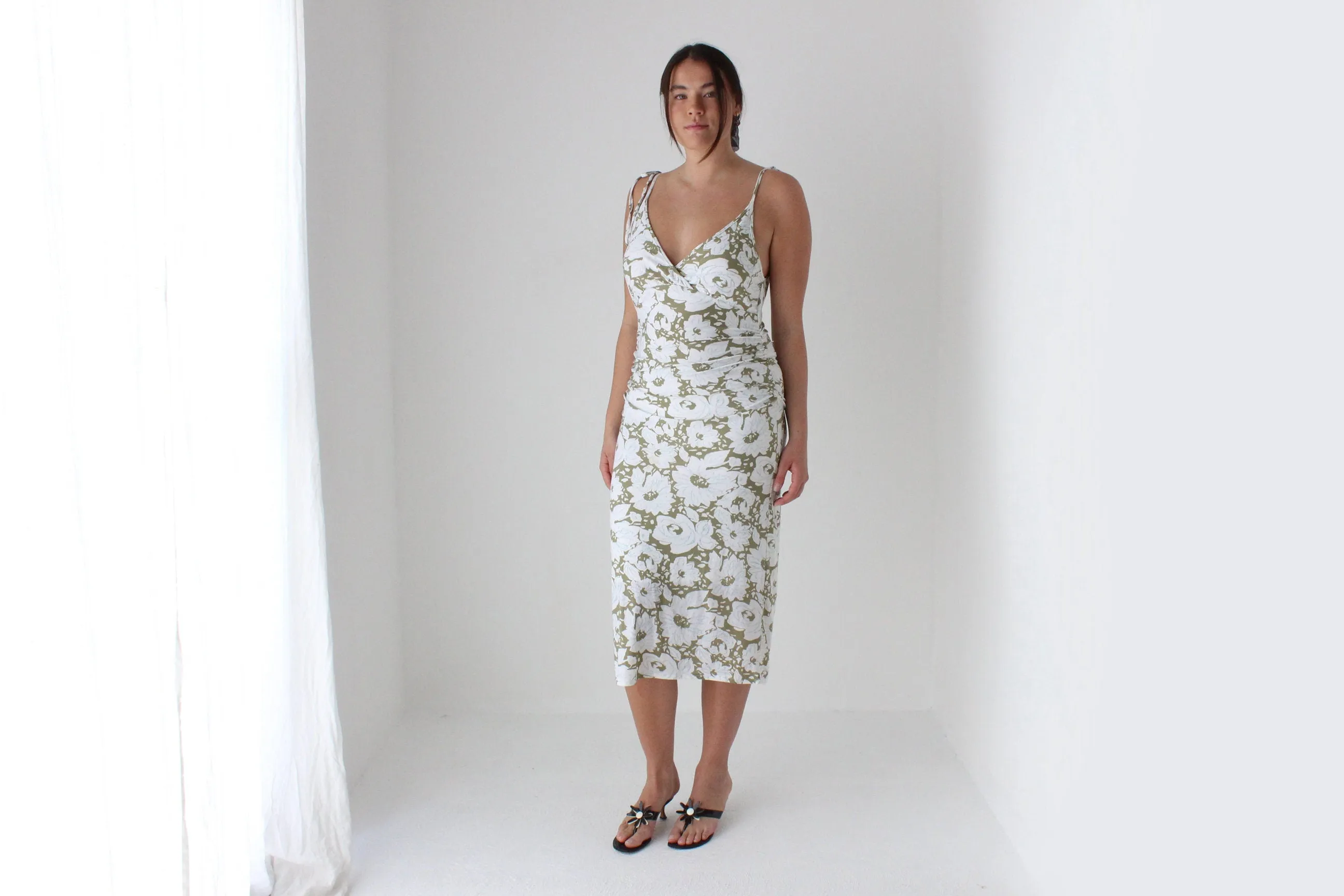 Y2K Slinky Pastel Floral Tie Strap Plunge Neck Dress