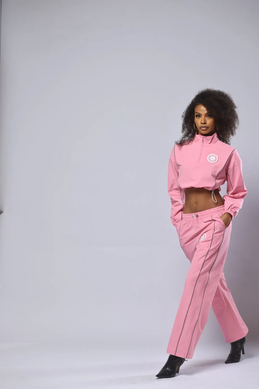 Zipp Crop Windbreaker Polyester Tracksuit 3 Piece Set - Pink